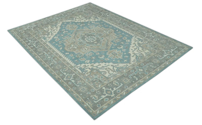 Custom Made Hand Knotted Blue, Ivory, Camel and Gray Traditional Heriz wool rug