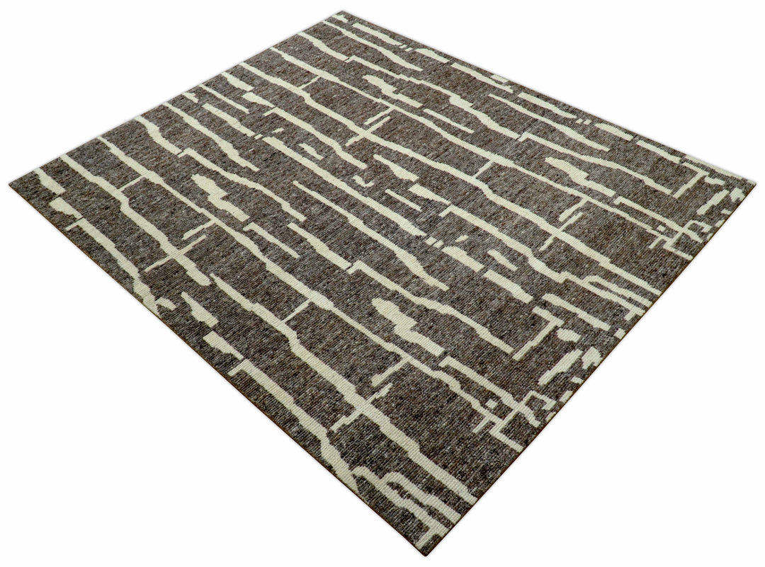 Custom Made Brown And Ivory Contemporary Hand Knotted Wool Area Rug