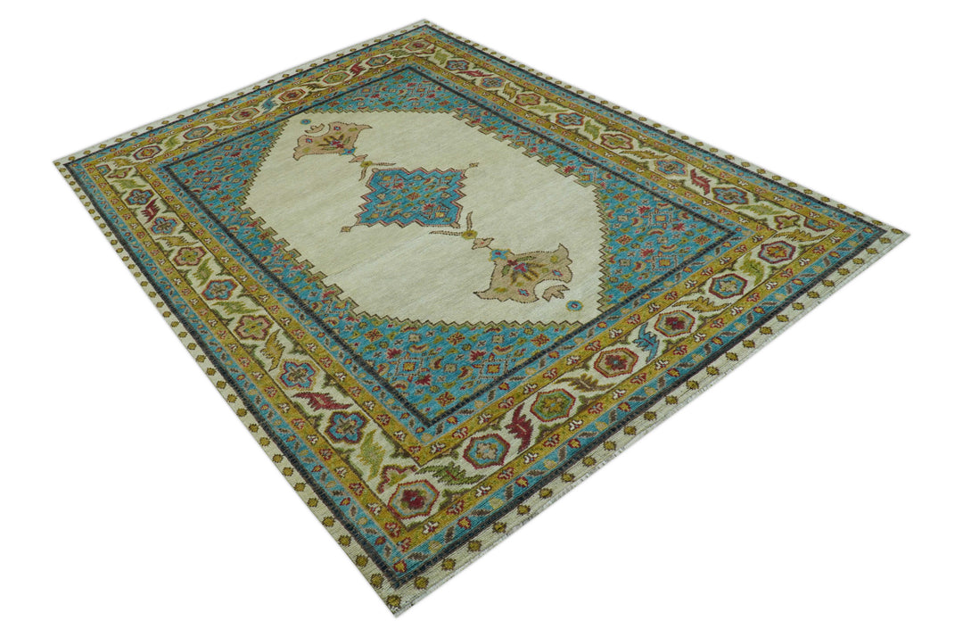 Custom Made Traditional Serapi Design Ivory And Blue Hand Knotted Wool Rug
