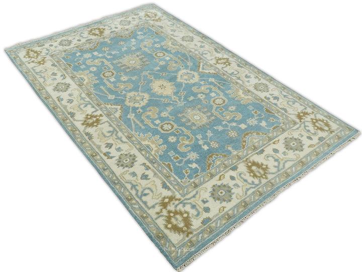 Traditional Oushak Design Blue And Beige Hand Knotted Wool Rug