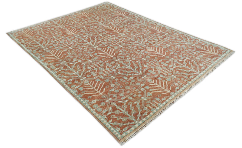 Hand knotted 9.4x12 Rust and Aqua Floral Tree wool Area Rug