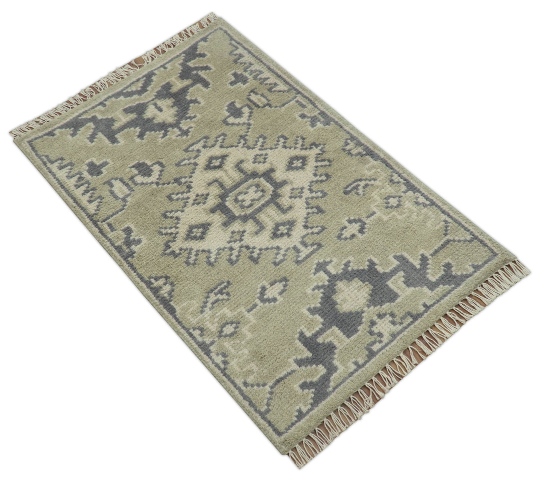 Small 2x3 Traditional Beige And Gray Hand Knotted Wool Rug