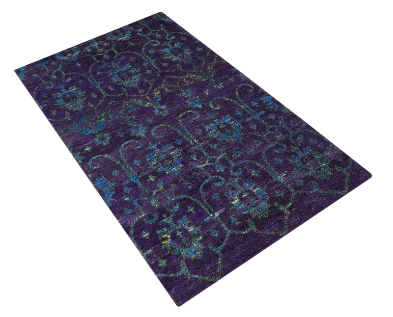 Violet and Blue Traditional Ikat design 5x8 Hand knotted wool area rug