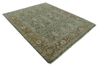 Antique look vintage style 8x10 Green, Beige and Brown traditional Hand Knotted wool rug