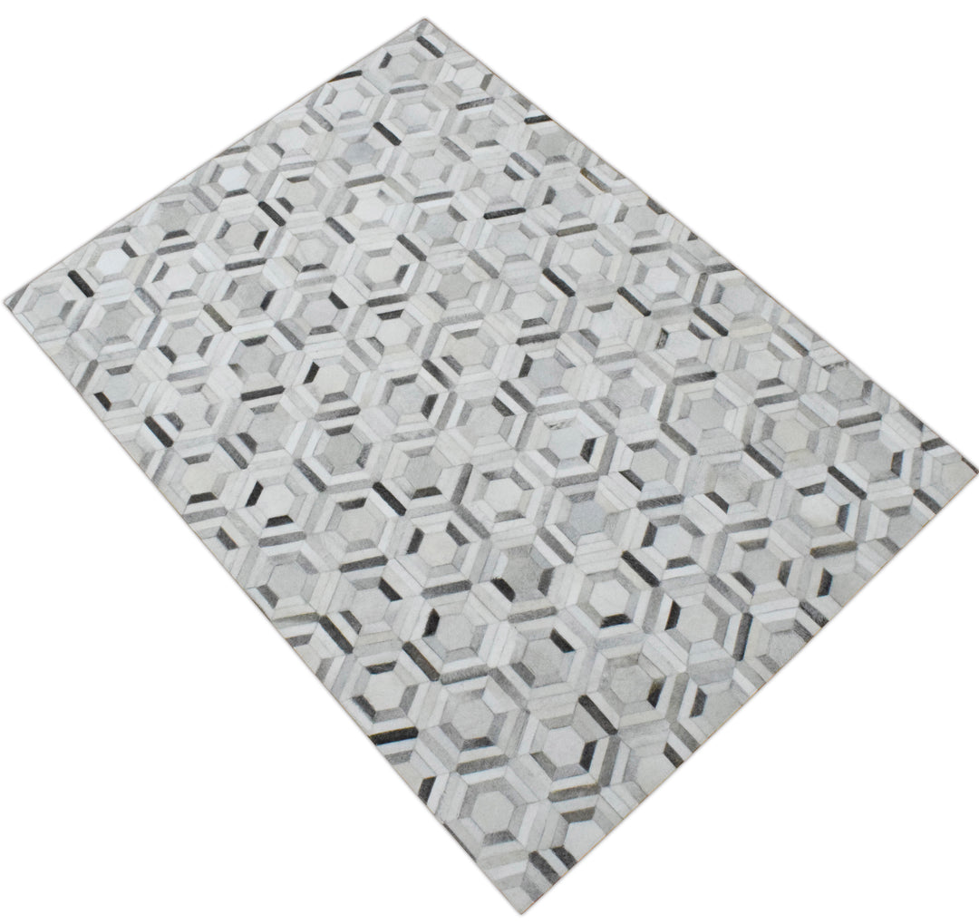 Ready to Ship Modern Ivory and Silver Handmade 8x10 Leather Rug