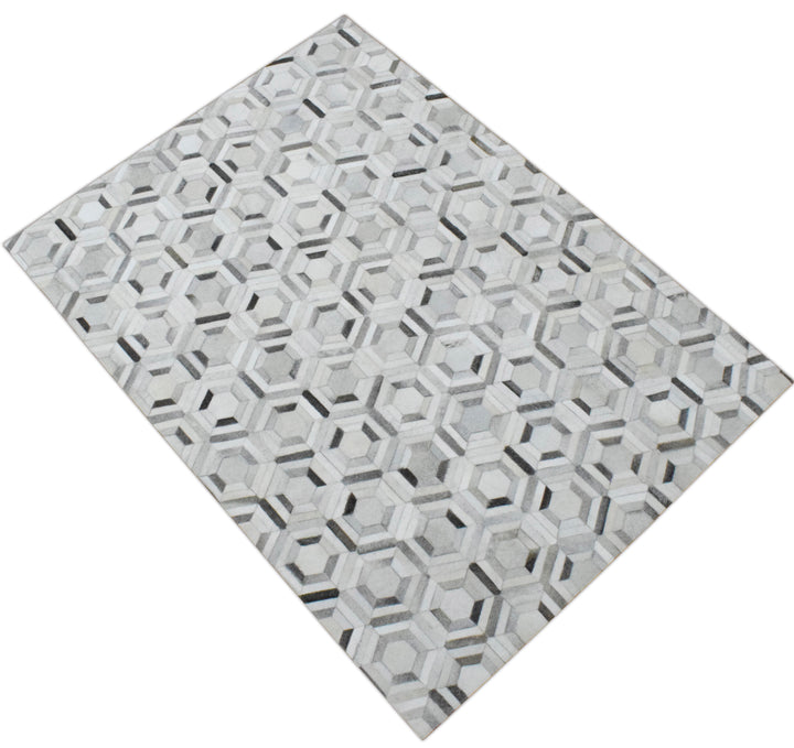Ready to Ship Modern Ivory and Silver Handmade 8x10 Leather Rug
