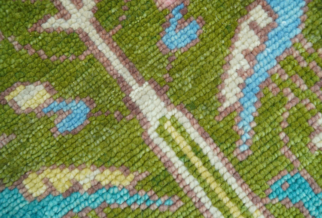 Custom Made Hand Knotted Jungle Life Peacock Green Runner Wool Rug