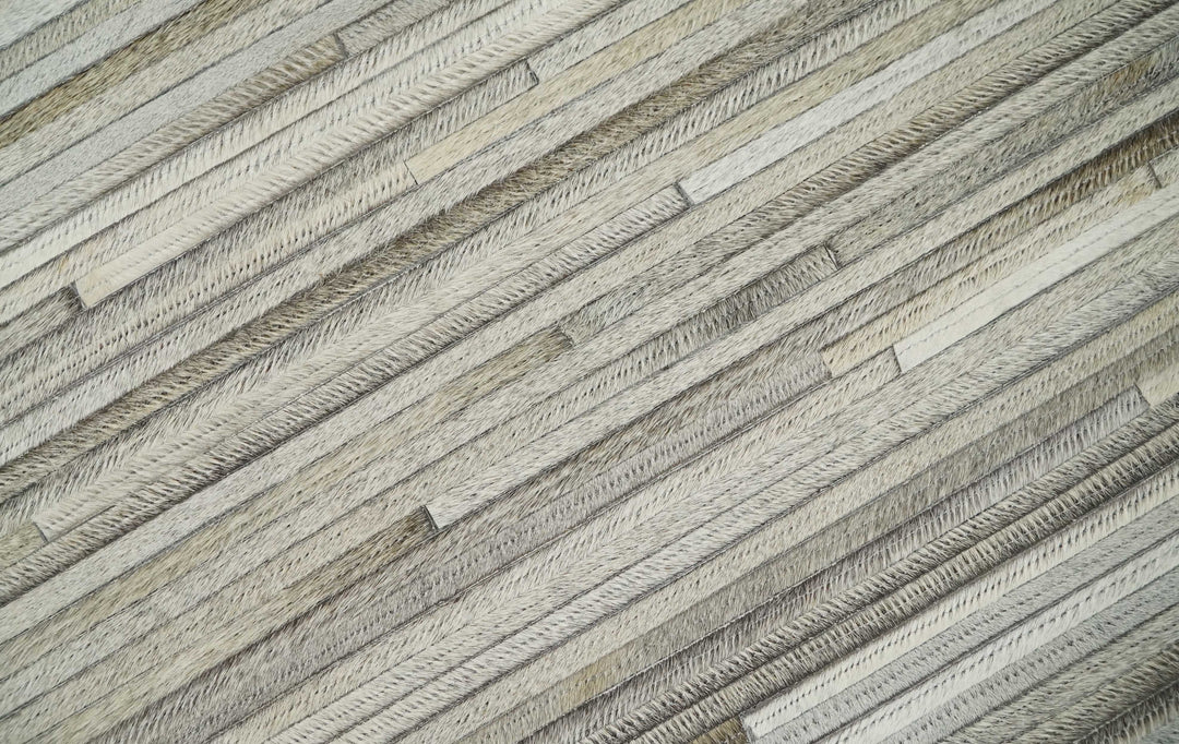 Quick Ship 2.6x8 Handmade Modern Stripe Gray And Ivory Leather Rug