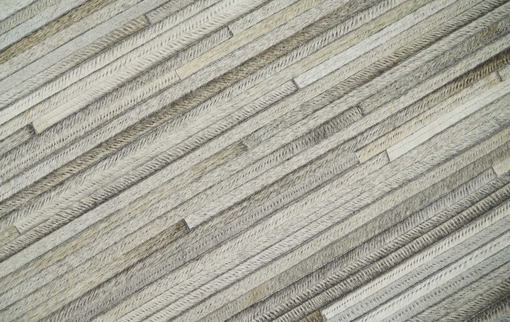 Quick Ship 2.6x8 Handmade Modern Stripe Gray And Ivory Leather Rug