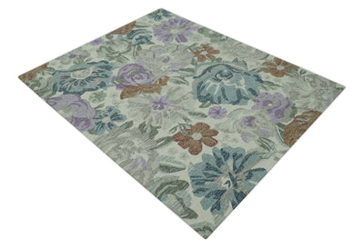 Ivory, Gray, Purple Flower Design Hand Tufted 8x10 wool Area Rug