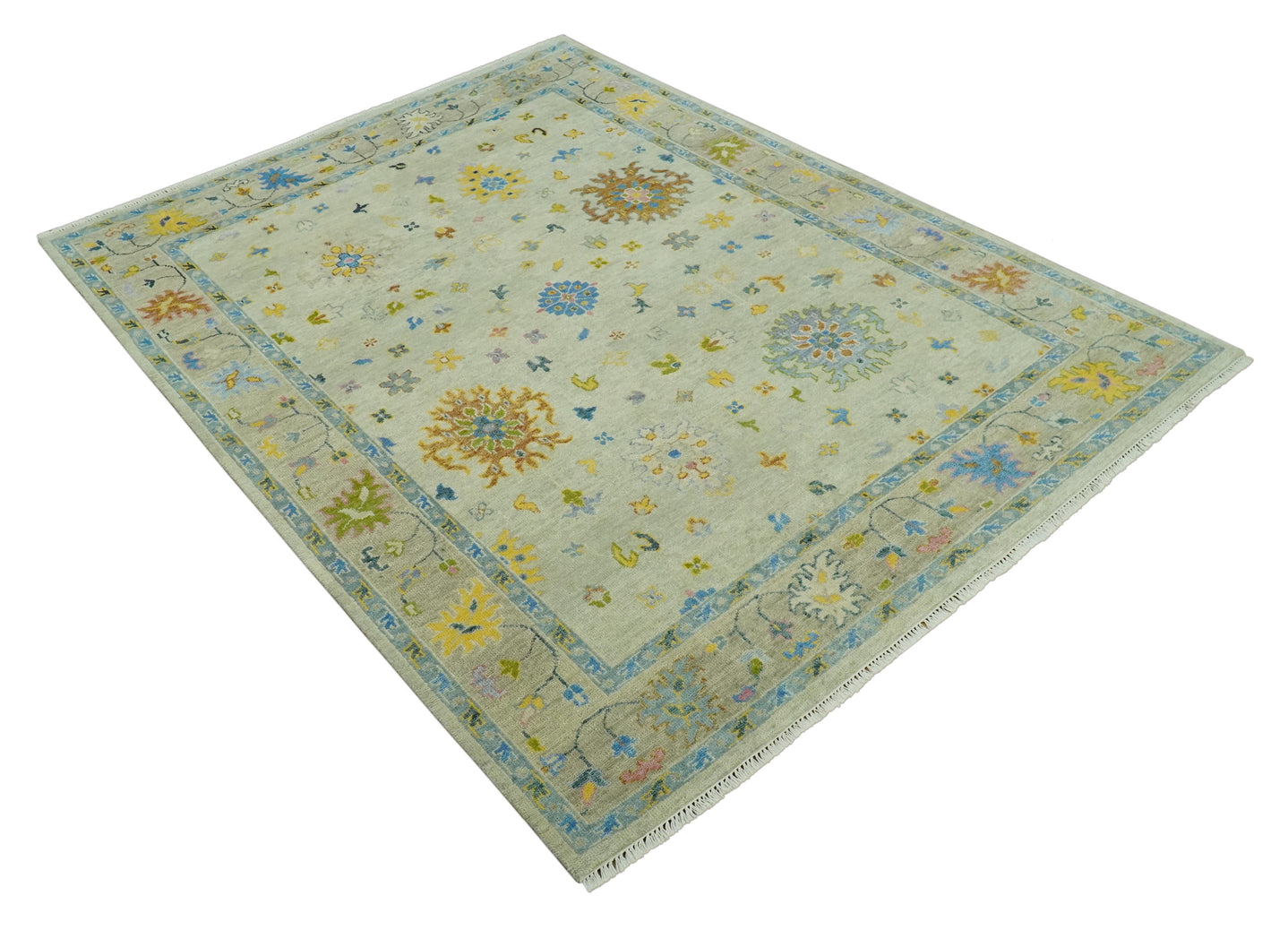Beige and Blue Hand Knotted 8x10 Traditional Floral wool area rug