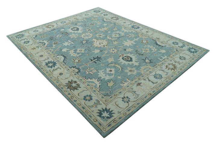 Custom Made Aqua, Ivory and Beige Hand Tufted Oriental Oushak wool area rug