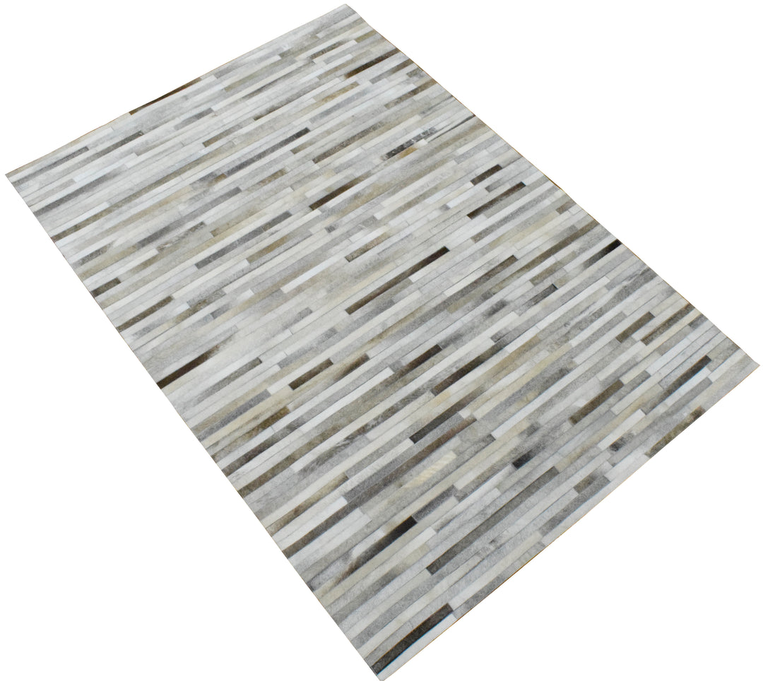 Ready to Ship Modern Stripe Beige And Silver Handmade 5x8 Leather Rug