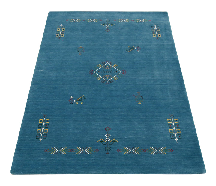 Blue Tribal Center Medallion Design Hand Loomed Wool Area Rug