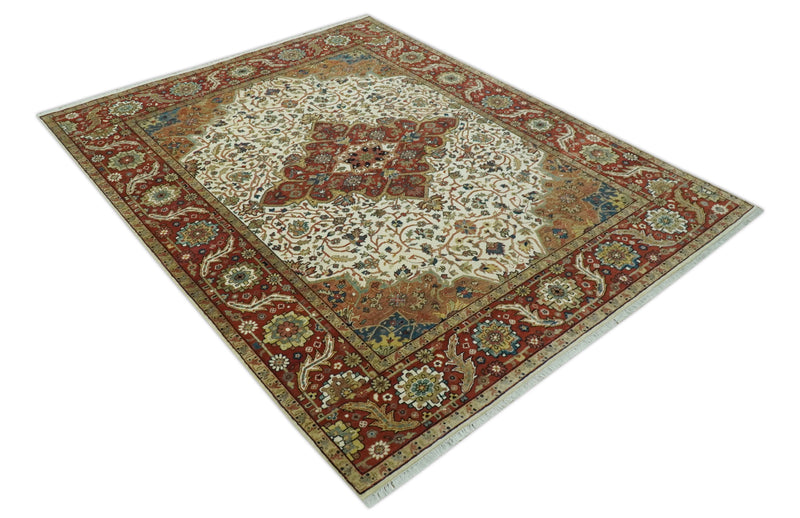 Premium Ivory, Rust and Brown 8x10 fine Hand knotted Traditional Heriz Wool Area Rug