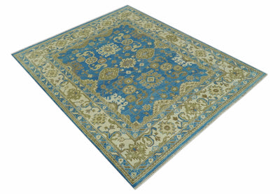 Antique design 8x10 Blue and Olive Traditional Oriental Oushak wool area rug