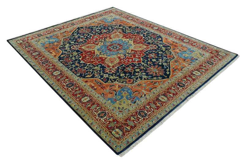 Fine Hand Knotted Brown, Blue and Rust Traditional Medallion 8x10 wool area rug