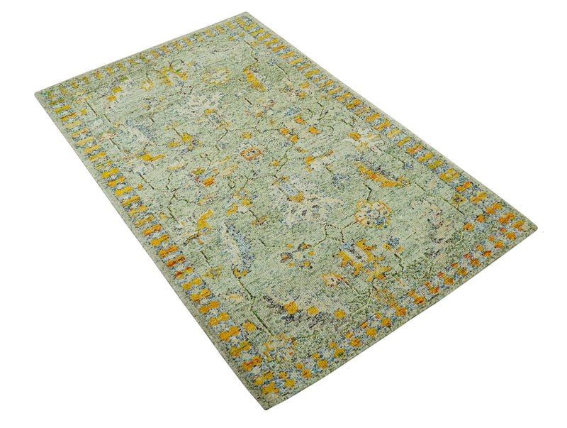 Green, Gold and Ivory 5x8 Hand knotted Traditional Oriental Oushak wool area rug