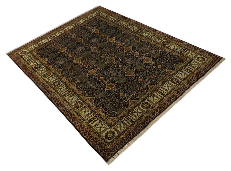 Fine 8x10 Vintage Style Antique Design Black, Beige and Brown Hand knotted wool Area Rug