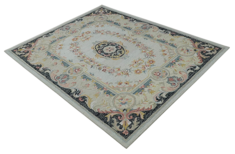 French Design Aubusson Custom Made Ivory, Light Green and Charcoal Hand Tufted wool Area Rug