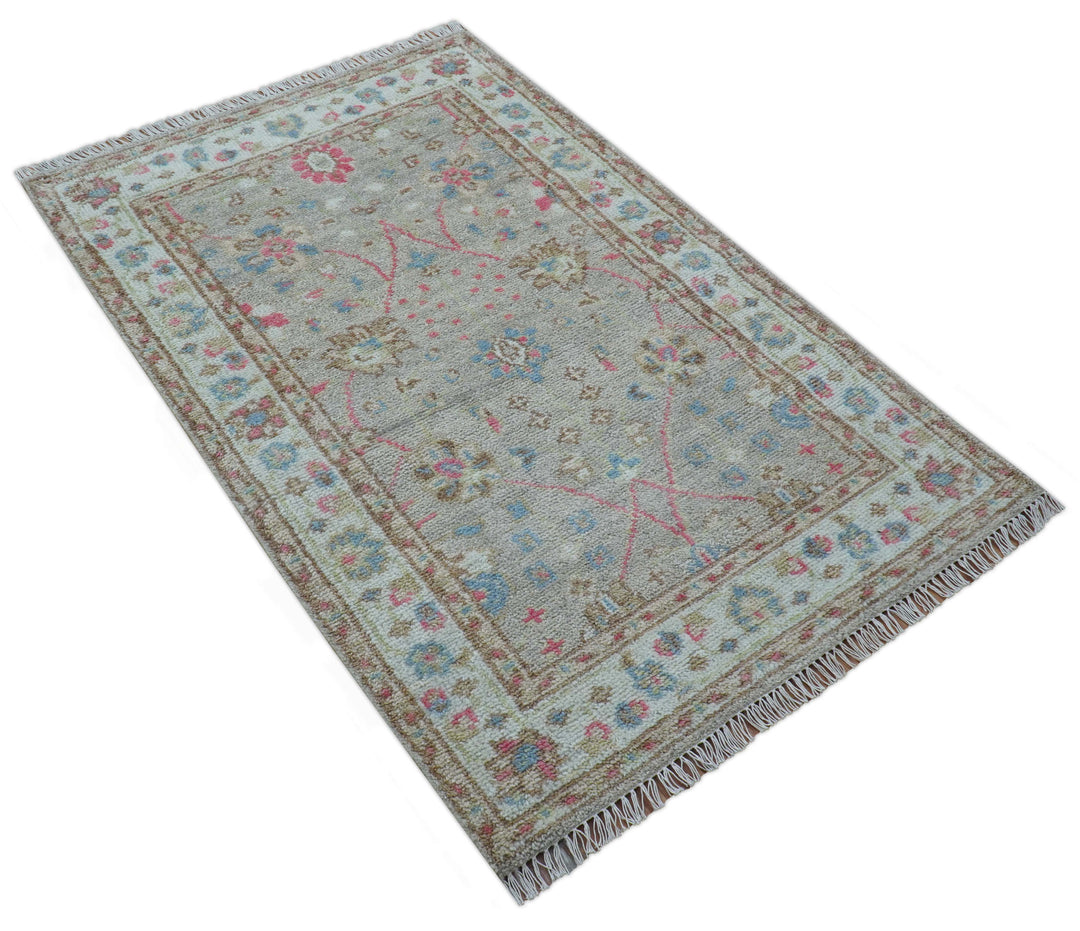 Traditional Oushak Design Beige And Blue 4x6 Hand knotted Wool Area Rug