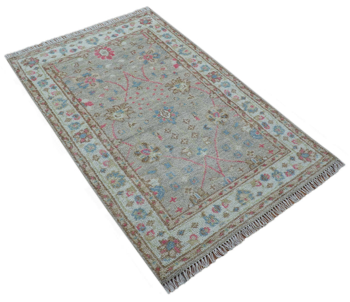 Traditional Oushak Design Beige And Blue 4x6 Hand knotted Wool Area Rug