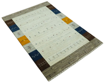 Ivory, Olive, Blue and Charcoal Handloom Tribal Gabbeh Multi Size wool Area Rug