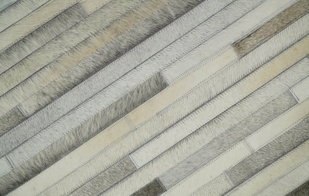 Ready to Ship Modern Beige and Silver Handmade 8x10 Leather Rug