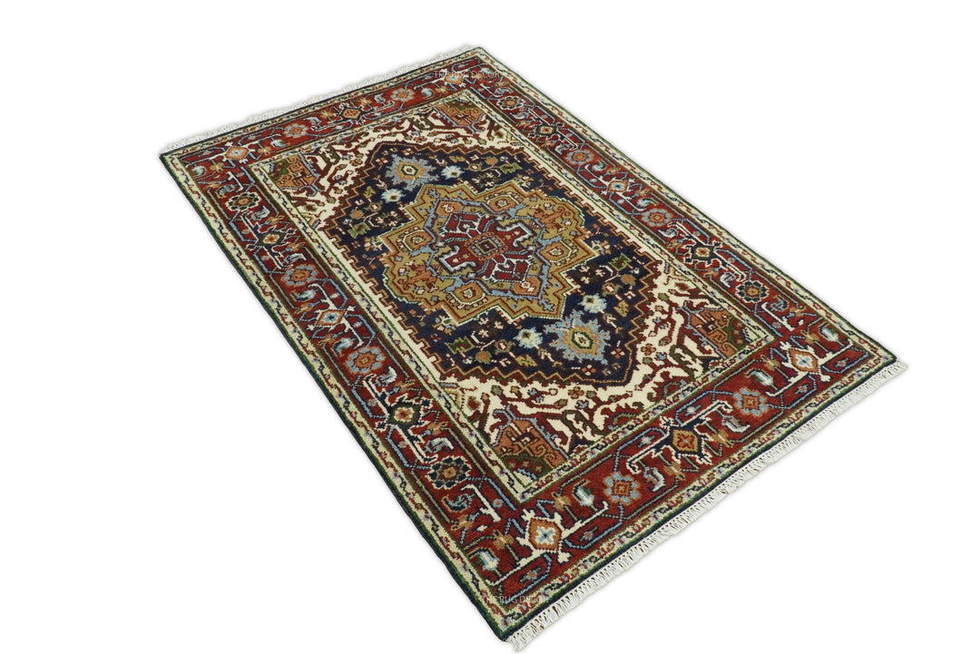 Sera Red And Blue Traditional Serapi Design Hand Knotted Wool Rug