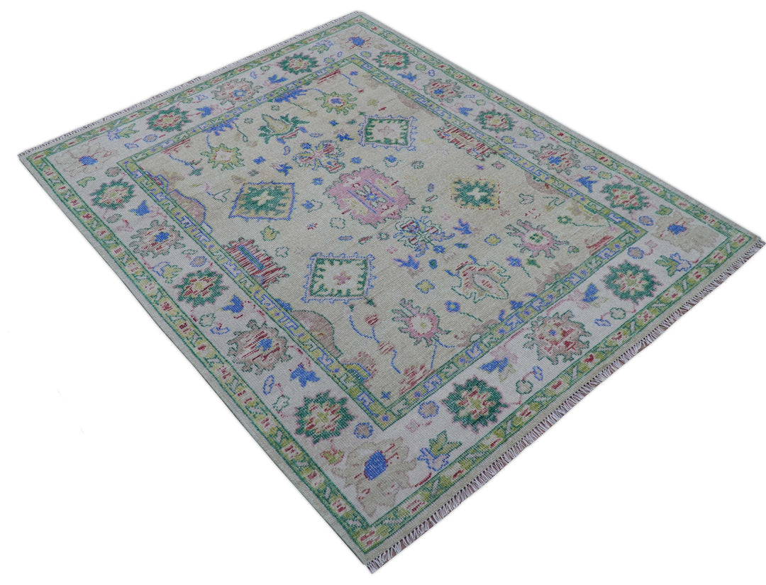 Quick Ship 8x10 Modern Oushak Design Beige And Blue Hand Knotted Rug