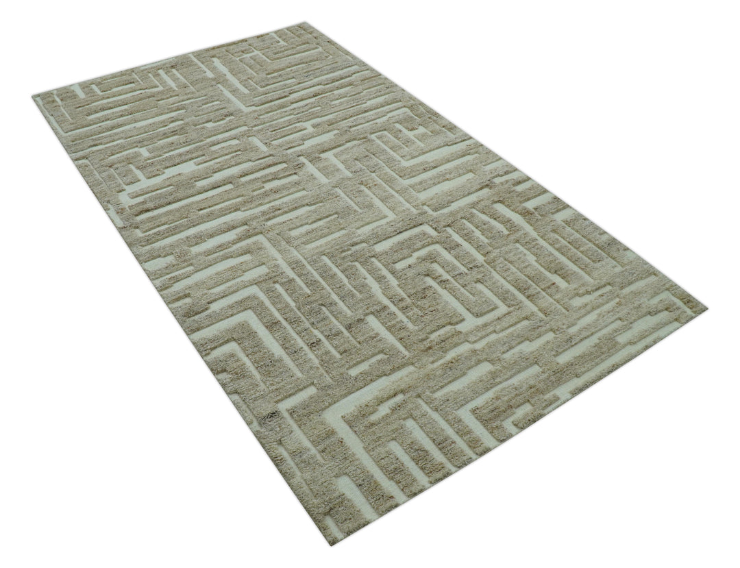 Custom Made Modern Contemporary Beige Hand Knotted Wool Area Rug