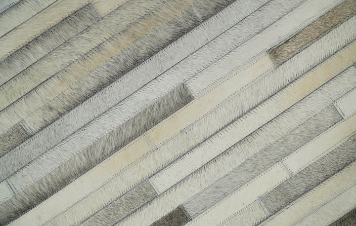 Ready to Ship 5x8 Handmade Modern Beige and Silver Leather Rug