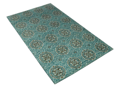 5x8 Traditional Damask Floral Design Blue, Ivory and Olive wool area rug