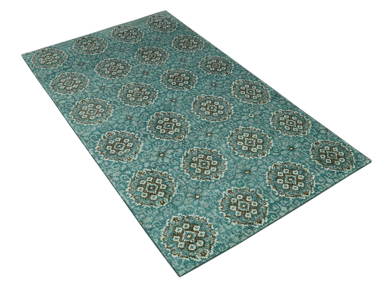 5x8 Traditional Damask Floral Design Blue, Ivory and Olive wool area rug