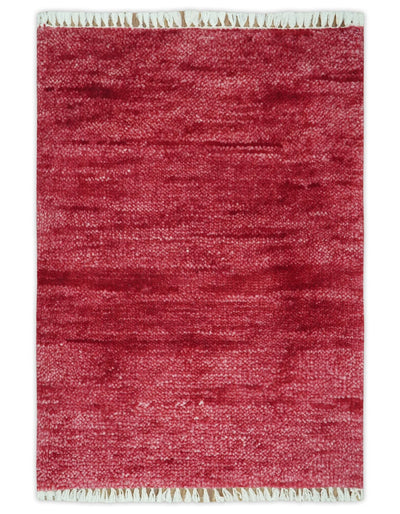 2X2.6 Solid Plain Red Hand knotted wool area rug - The Rug Decor