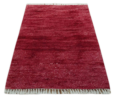 2X2.6 Solid Plain Red Hand knotted wool area rug - The Rug Decor