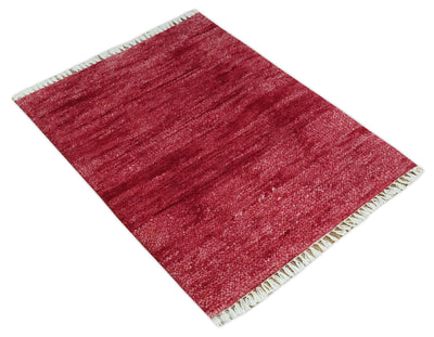 2X2.6 Solid Plain Red Hand knotted wool area rug - The Rug Decor