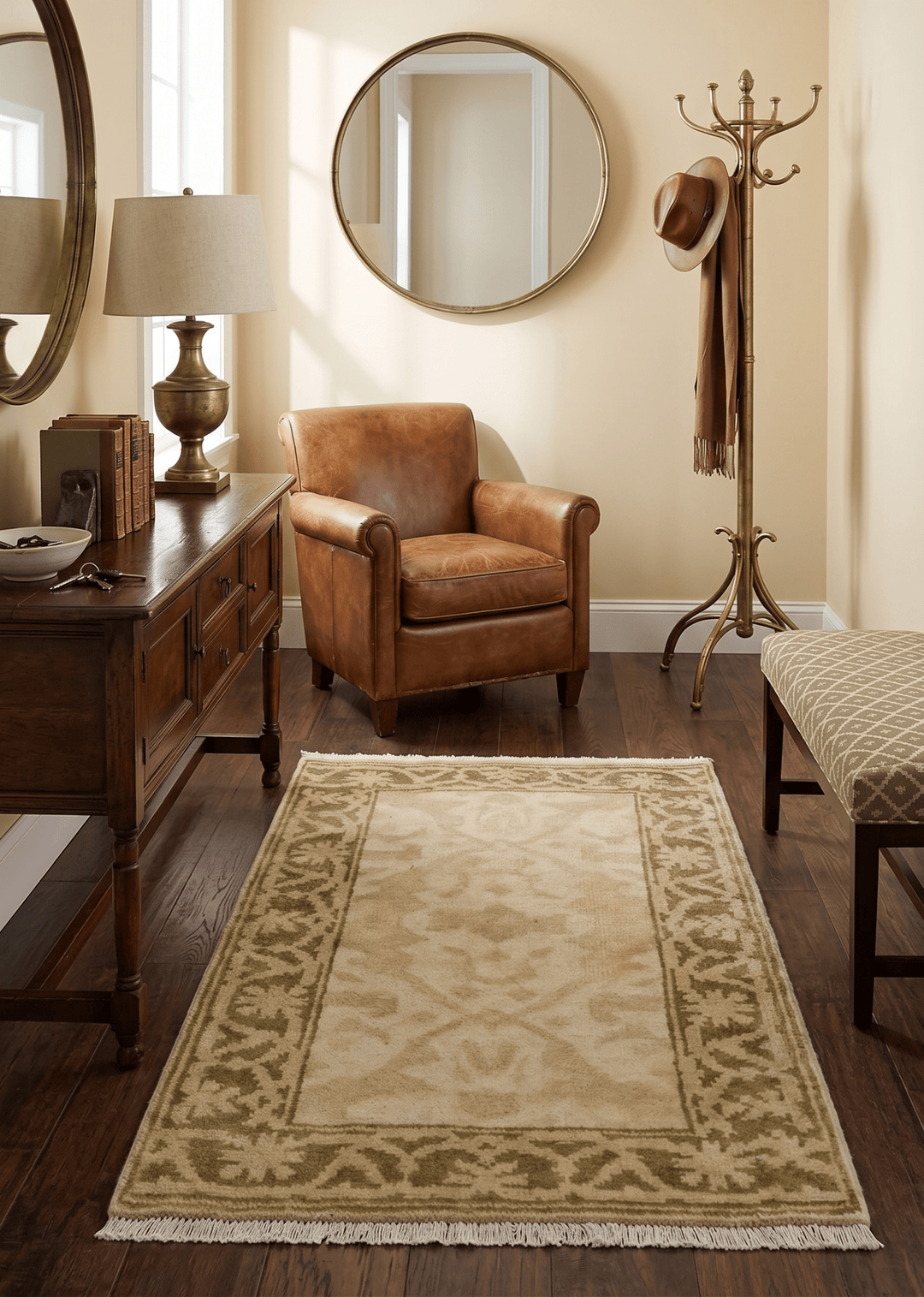 2x3 Hand Knotted Beige and Olive Traditional Oushak Wool Rug - The Rug Decor
