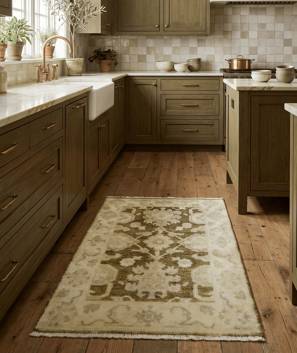 2x3 Hand Knotted Olive And Beige Traditional Oushak Wool Rug - The Rug Decor