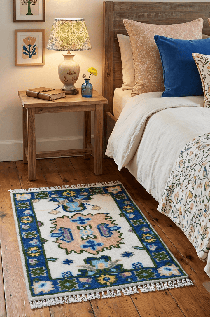 2x3 Ivory And Blue Oushak Hand Knotted Wool Rug - The Rug Decor