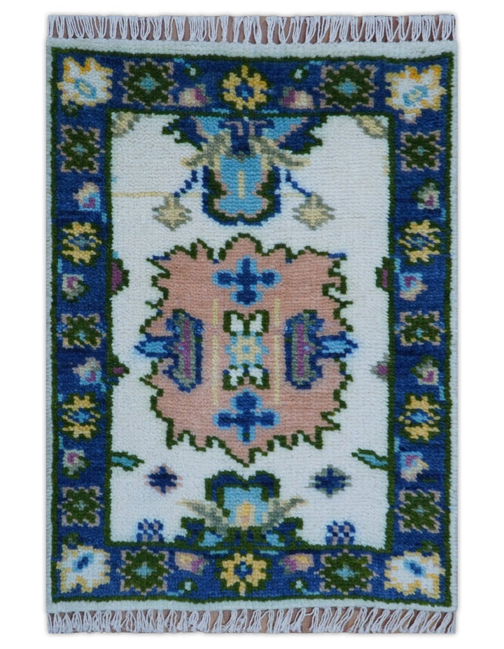 2x3 Ivory And Blue Oushak Hand Knotted Wool Rug - The Rug Decor