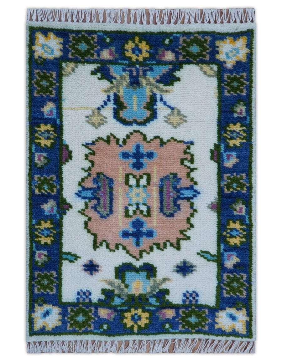 2x3 Ivory And Blue Oushak Hand Knotted Wool Rug - The Rug Decor