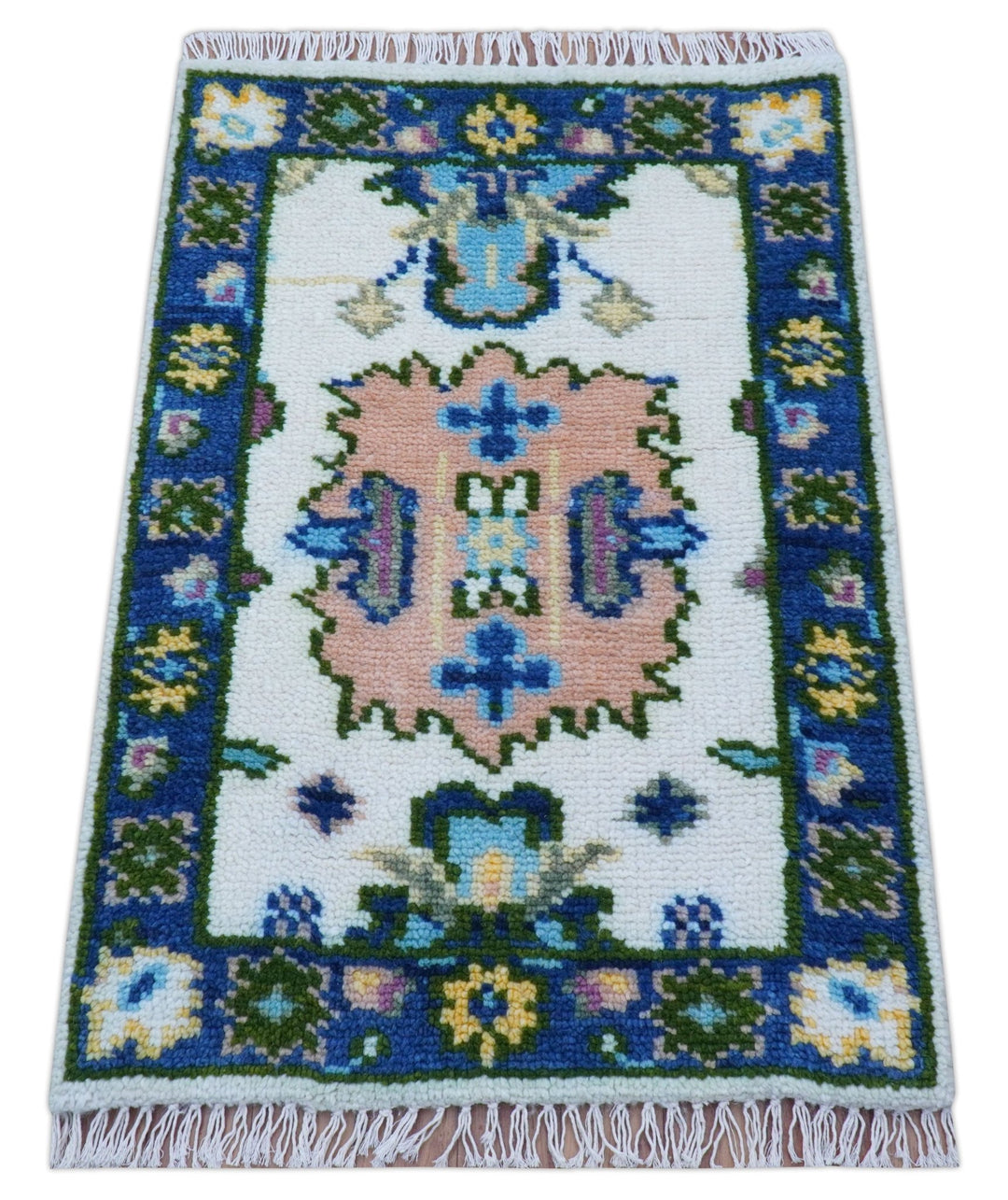 2x3 Ivory And Blue Oushak Hand Knotted Wool Rug - The Rug Decor