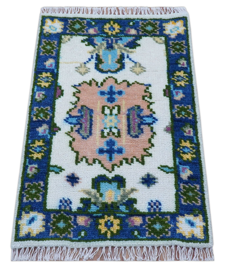 2x3 Ivory And Blue Oushak Hand Knotted Wool Rug - The Rug Decor