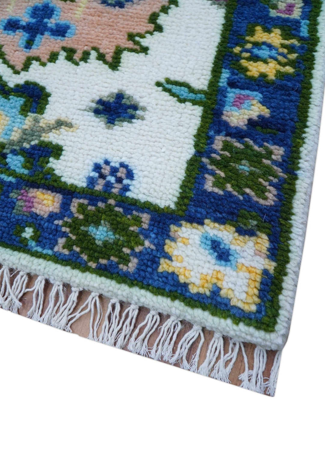 2x3 Ivory And Blue Oushak Hand Knotted Wool Rug - The Rug Decor