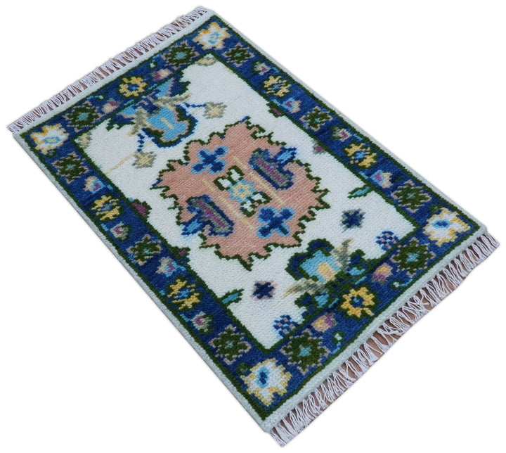 2x3 Ivory And Blue Oushak Hand Knotted Wool Rug - The Rug Decor