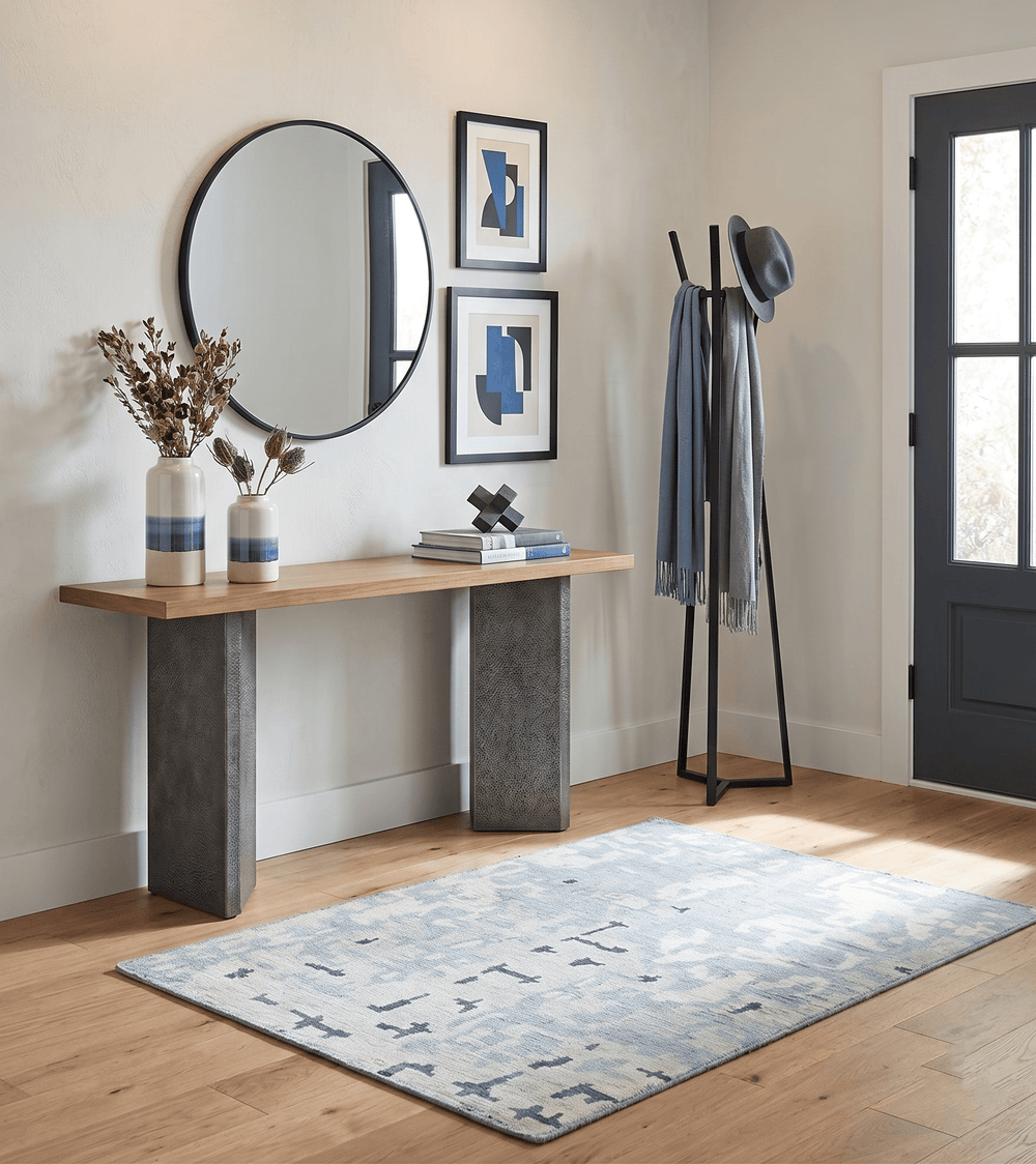 2x3 Modern Abstract Blue, Ivory and Charcoal Bamboo silk Rug - The Rug Decor