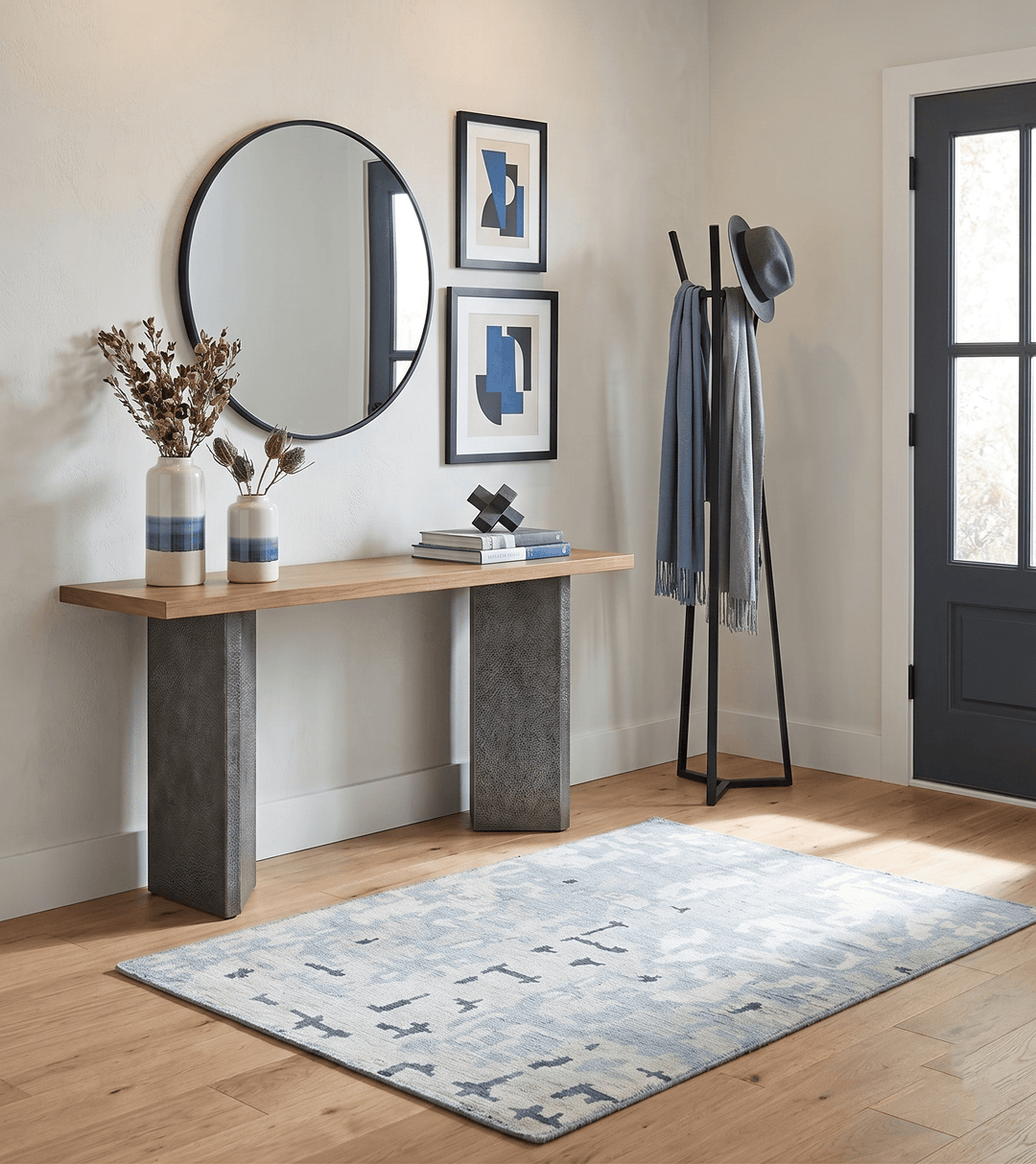 2x3 Modern Abstract Blue, Ivory and Charcoal Bamboo silk Rug - The Rug Decor