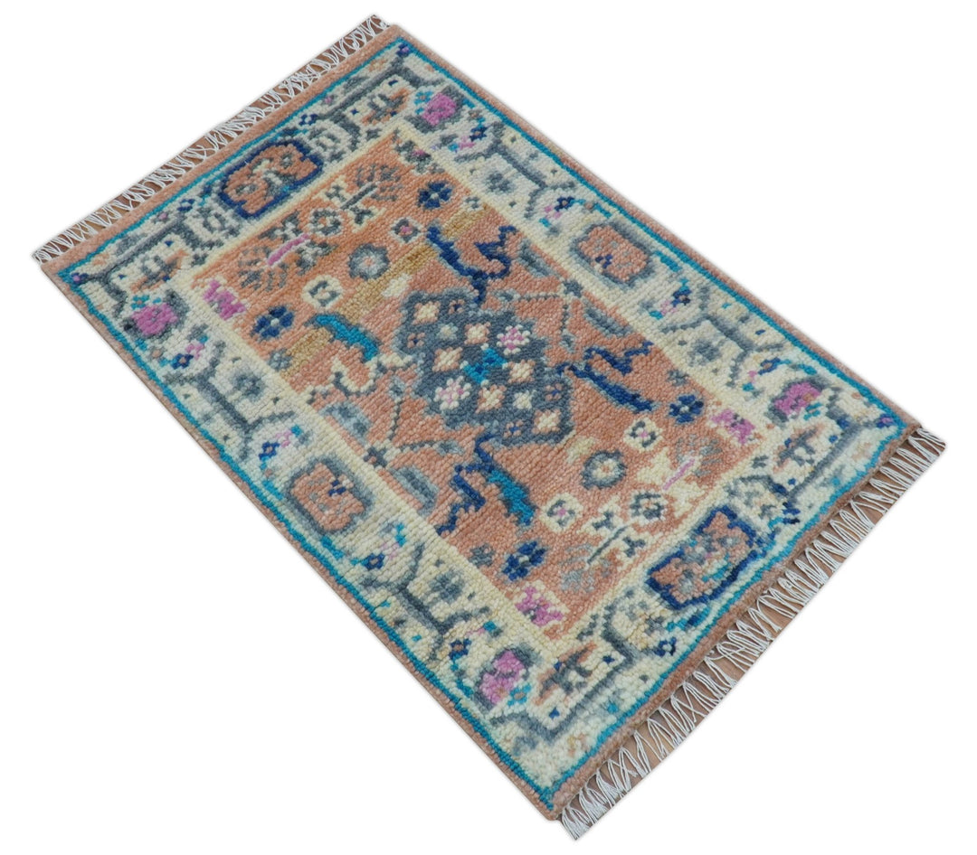 2x3 Traditional Peach And Ivory Hand Knotted Wool Rug - The Rug Decor