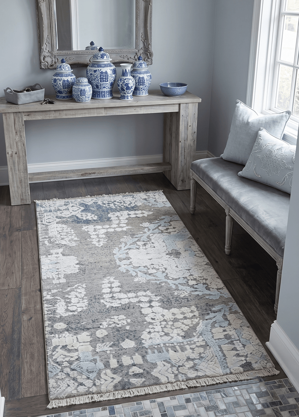 2x4 Beige and Blue Wool and Silk Hand Knotted traditional Vintage Antique Rug - The Rug Decor